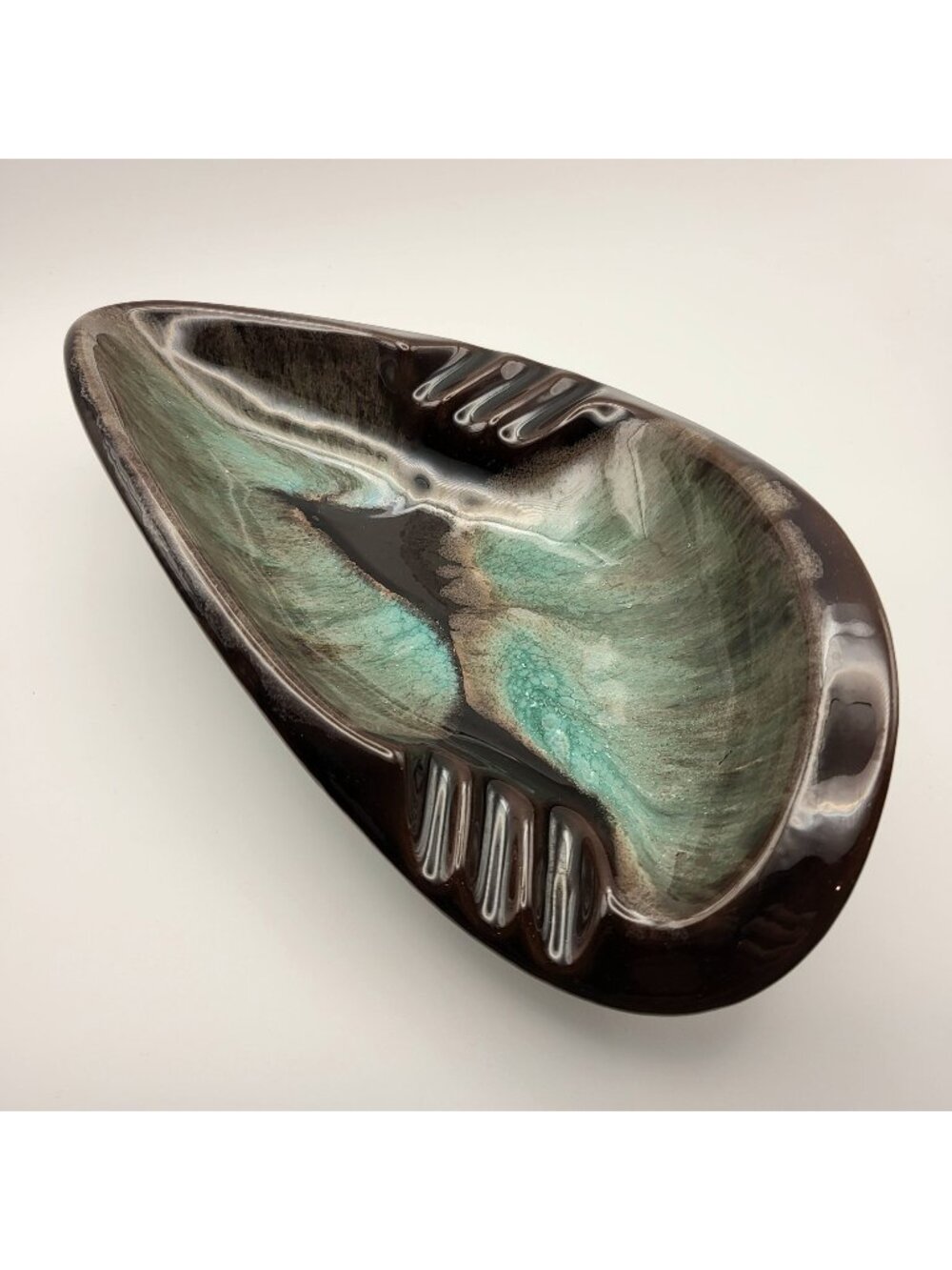Vintage Blue Mountain Pottery Unique Abstract Glazed Ashtray Green & Brown 1960s